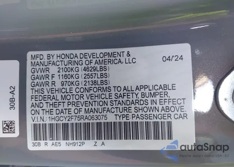 2024 Honda Accord Hybrid Sport-L из США, поврежденный, VIN 1HGCY2F75RA063075